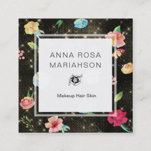 *~* Modern Floral Rose Pattern Gold Sequin Glitter Square Business Card