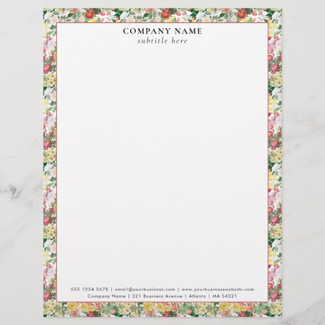 Modern Floral Roses Pattern Company Name Details Custom Letterhead (Front)