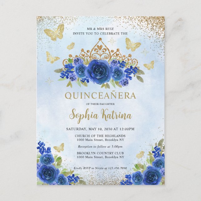 Modern Floral Royal Blue Gold Tiara Quinceañera Postcard (Front)