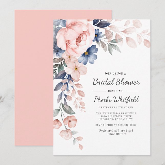 Modern Floral Rustic Pink Blue Bridal Shower Invitation (Front/Back)