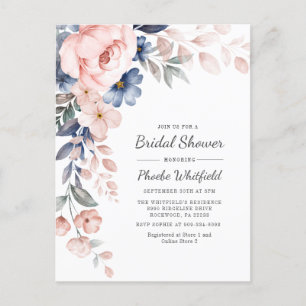 Modern Floral Rustic Pink Blue Bridal Shower Invitation Postcard