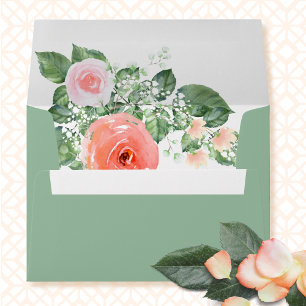 Modern Floral Sage Green Pink Coral Wedding Envelope