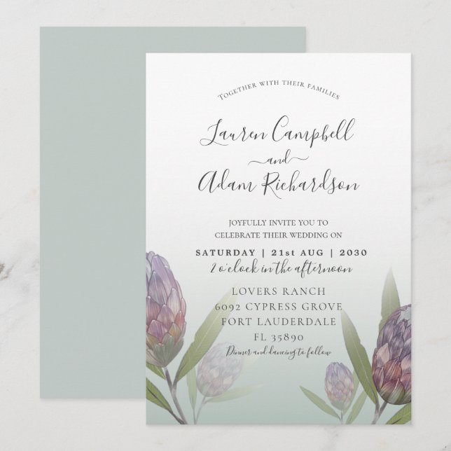 Modern Floral Sage Green Purple Wedding Invitation (Front/Back)
