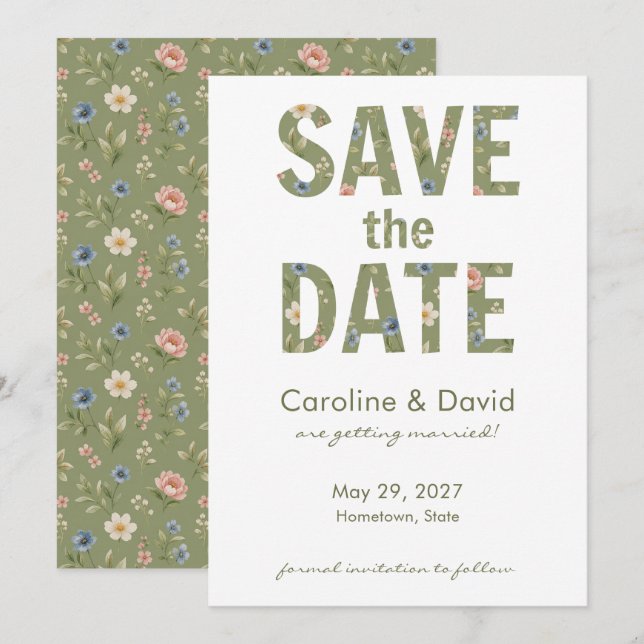 Modern Floral Sage Green Simple Wedding Save The Date (Front/Back)