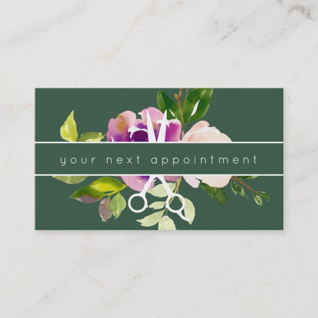 Modern Floral Salon Scissors Logo Appointment Business Card (Front)