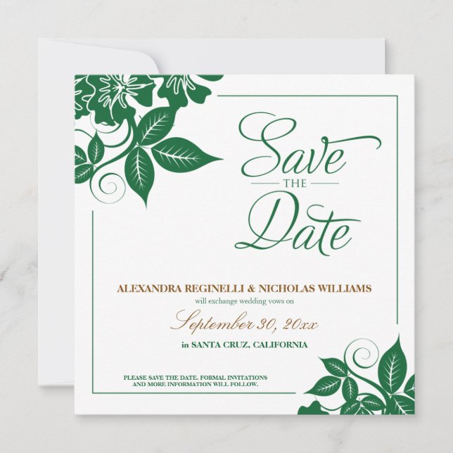Modern Floral Save the Date Announcement (green) (Front)