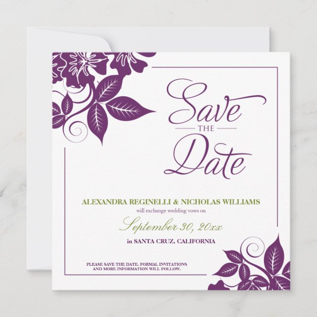 Modern Floral Save the Date Announcement (purple) (Front)