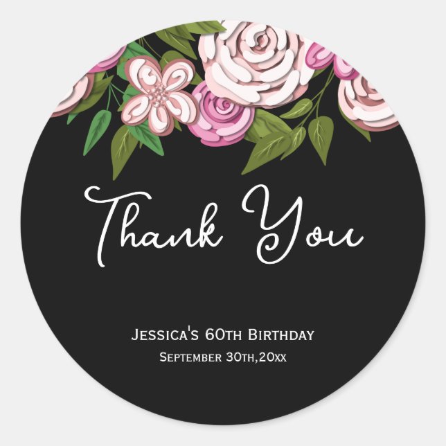Modern Floral Script Thank You Classic Round Sticker (Front)