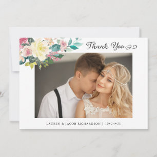 Modern Floral Simple Two Photo Wedding Thank You Card