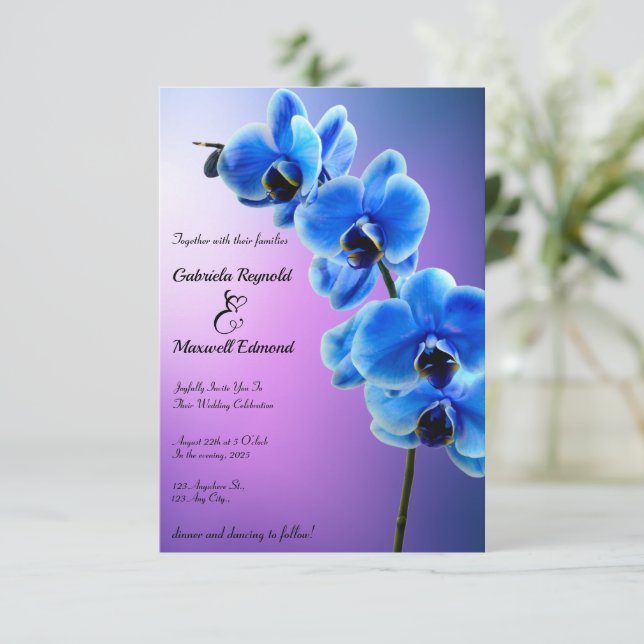 Modern Floral Sky Blue Orchids Wedding Invitation (Standing Front)