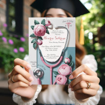 Modern Floral Stethoscope Graduation invitation