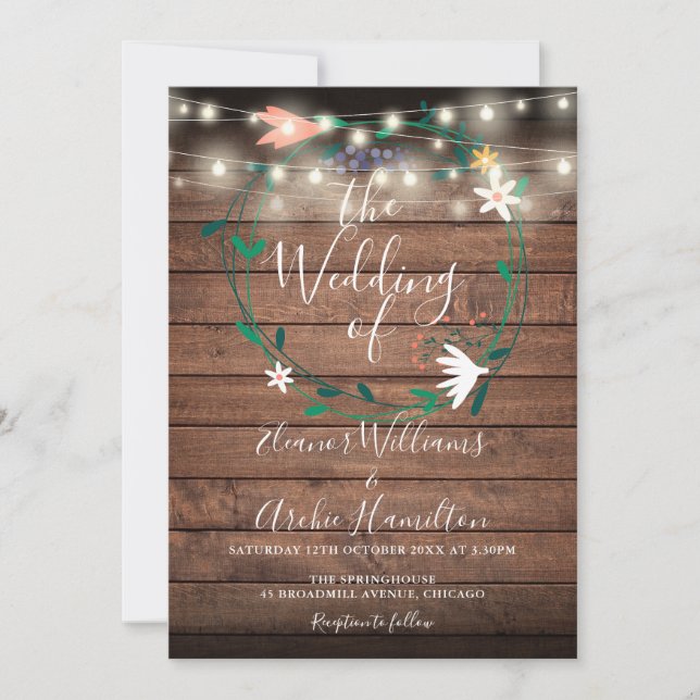 Modern Floral String Lights Rustic Wood Wedding Invitation (Front)