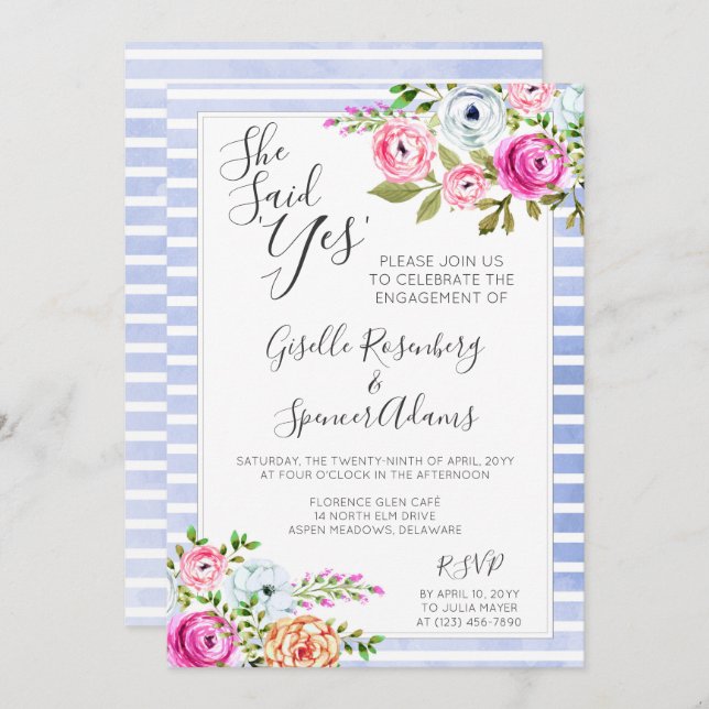 Modern Floral Stripe Engagement Party Invitation (Front/Back)