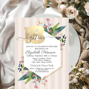 Modern Floral Striped 18th Birthday  Invitat Invitation