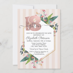Modern Floral Striped Glitter 18th Birthday   Invitation