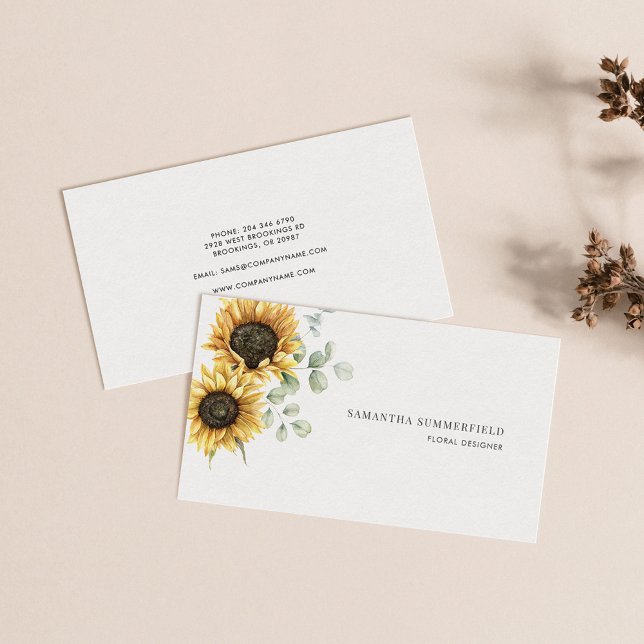 Modern Floral Sunflower Eucalyptus Greenery Business Card (Sunflower Eucalyptus Greenery Modern Business Card)
