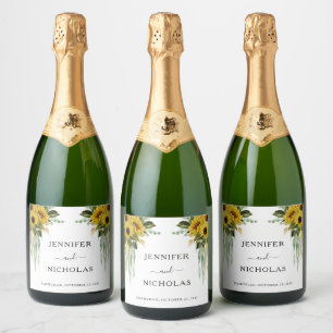 Modern Floral Sunflower Wedding Sparkling Wine Label