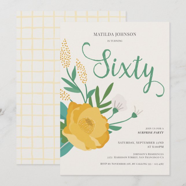 Modern Floral Surprise 60th Birthday Party Invitation (Front/Back)