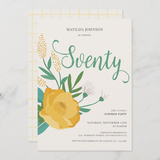 Modern Floral Surprise 70th Birthday Party Invitation (Front/Back)