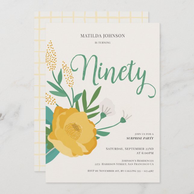 Modern Floral Surprise 90th Birthday Party Invitation (Front/Back)