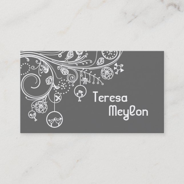 Modern floral swirls & birds grey business card (Front)