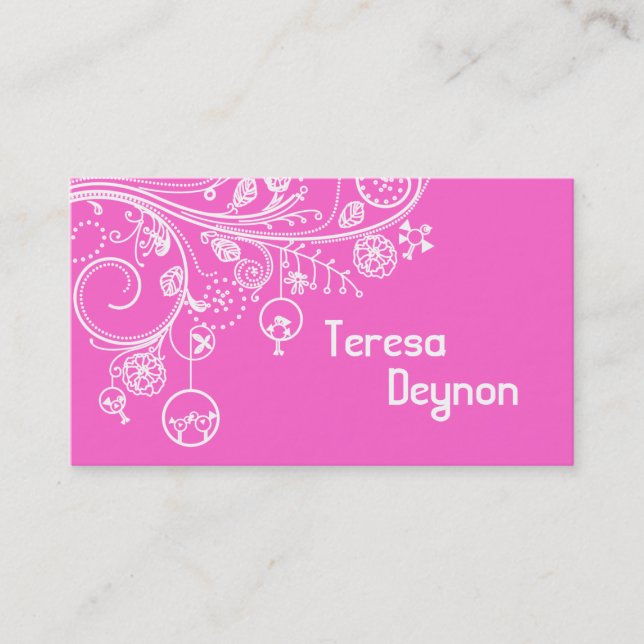 Modern floral swirls & birds hot pink business card (Front)