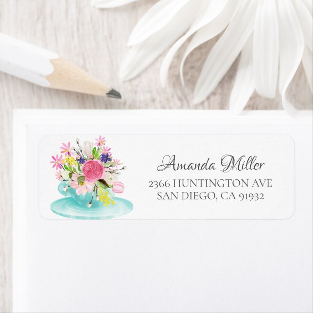 Modern Floral Teacup Bridal Return Address Label (Insitu)