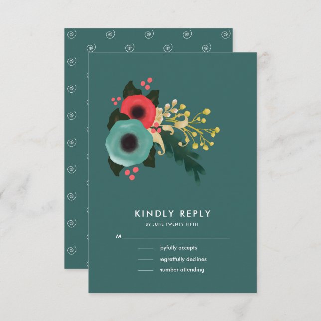 Modern Floral Teal | Pink Wedding RSVP Cards (Front/Back)