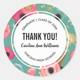 Modern Floral Thank You Graduation Classic Round Sticker