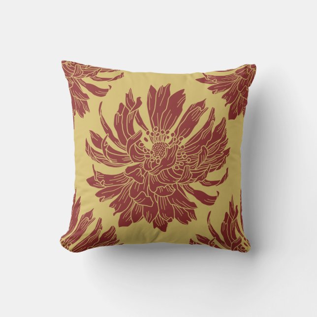 Modern Floral Throw Pillow - Harvest Gold & Maroon (Front)