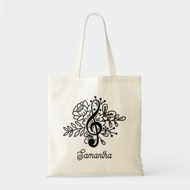 Modern Floral Treble Clef Music Lovers Tote Bag (Front)