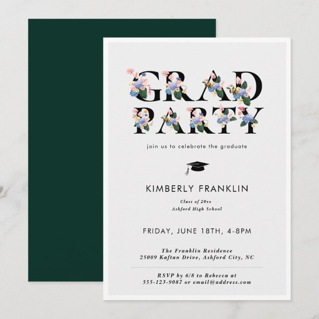 Modern Floral Typography GRAD PARTY Invitation (Front/Back)