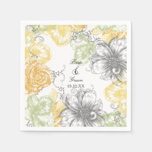 Modern Floral Vintage Graphic Flowers Yellow Grey Napkin