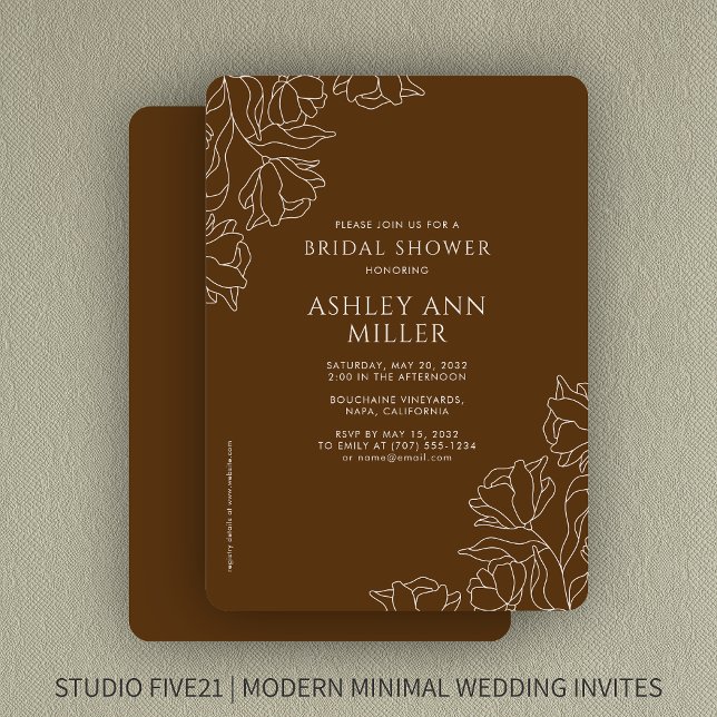 Modern Floral Walnut Brown Wedding Bridal Shower Invitation (Creator Uploaded)
