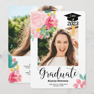 Modern floral watercolor 2 photos graduation announcement
