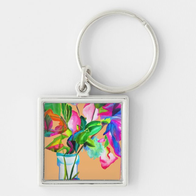 Modern floral watercolor art flowers key ring (Front)