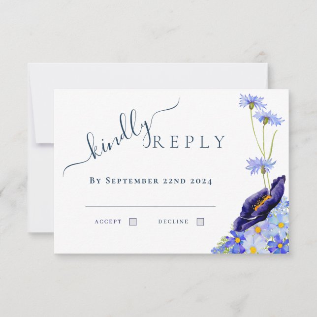 Modern Floral Watercolor Blue Wedding Reply RSVP Card (Front)