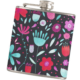 Modern Floral Watercolor Dark Hip Flask