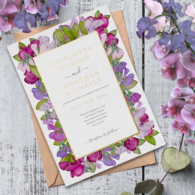 Modern Floral Watercolor Elegant Gold Wedding (Modern floral pink purple gold foil wedding invitation with garden. Sweetpea watercolor )
