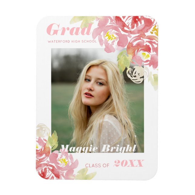 Modern Floral Watercolor Grad Announcement Blush Magnet (Vertical)