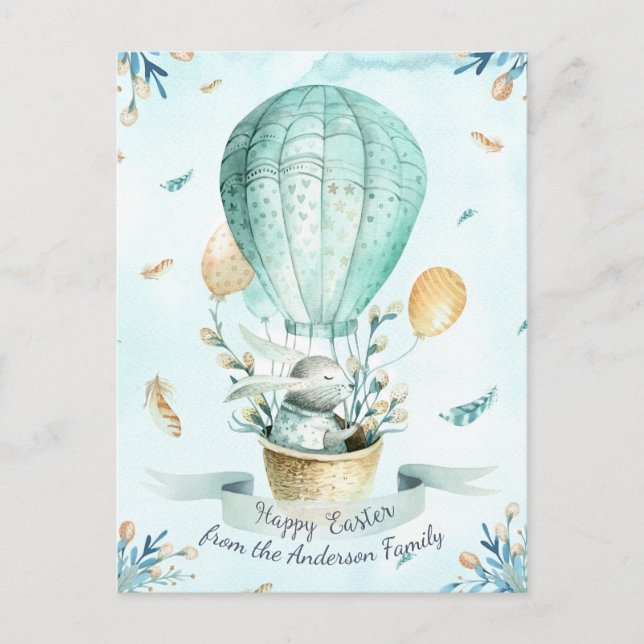 Modern Floral Watercolor Happy Easter Bunny Holiday Postcard (Front)