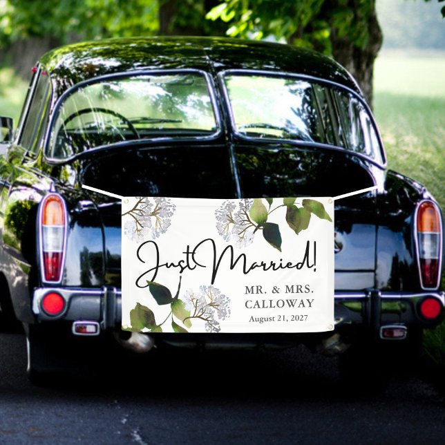 Modern Floral Watercolor Just Married Car Banner (Creator Uploaded)