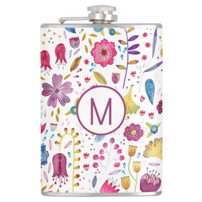 Modern Floral Watercolor Monogram Hip Flask (Front)