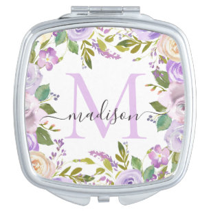Modern Floral Watercolor Monogram Purple Violet Compact Mirror