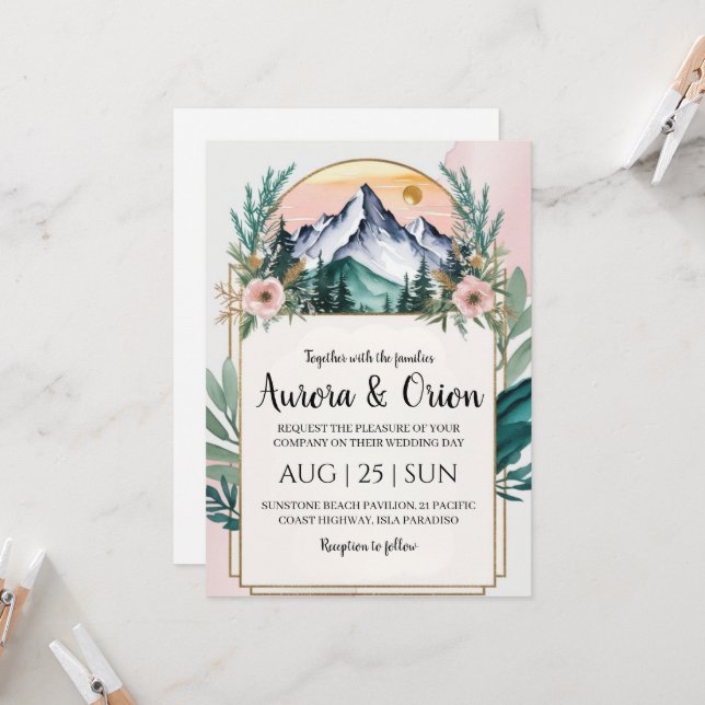 modern floral watercolor mountain wedding invitation (Front/Back In Situ)