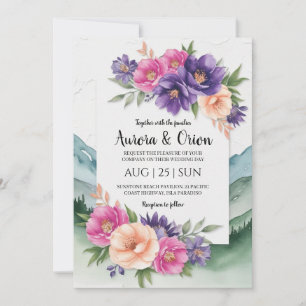 modern floral watercolor mountain wedding invitation