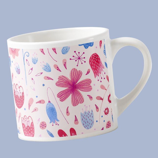 Modern Floral Watercolor Pink Blue Espresso Cup (Pink and blue modern floral  espresso cup)
