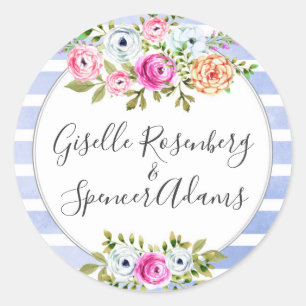 Modern Floral Watercolor Rose Navy Stripes Wedding Classic Round Sticker