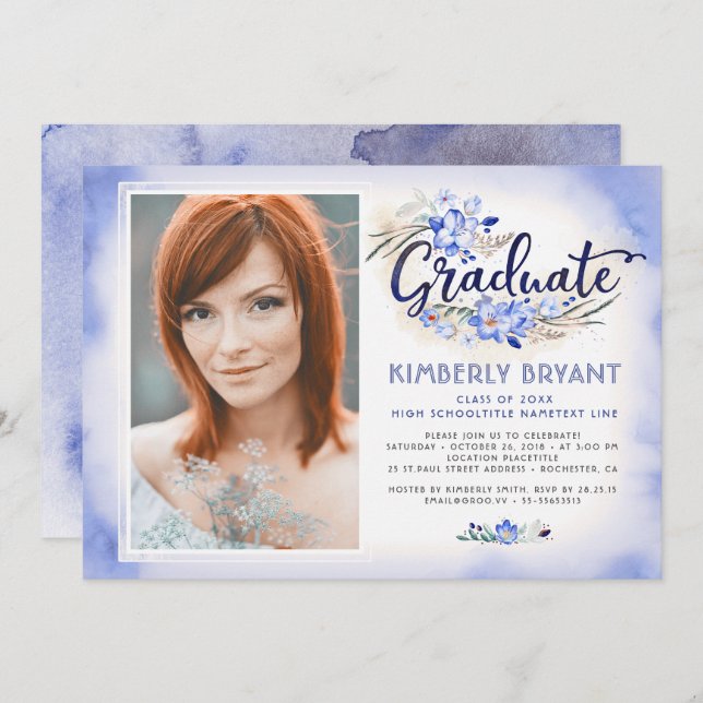 Modern Floral Watercolor Script Graduation Photo Invitation (Front/Back)