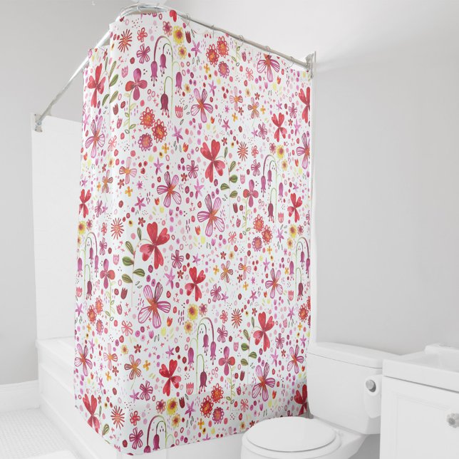 Modern Floral Watercolor Shower Curtain (Modern floral watercolor pink and white pattern shower curtain)